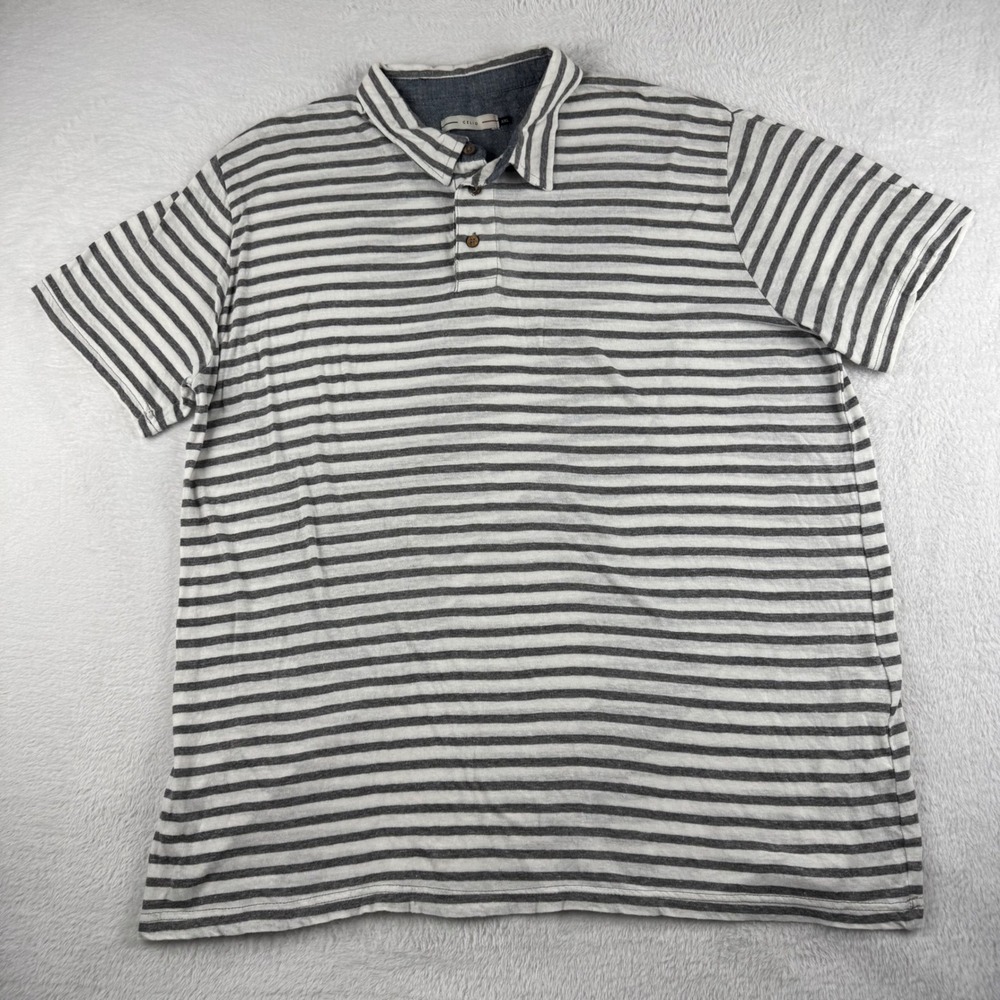 Celio Polo Shirt Mens XXL Grey White Striped‎ Cotton Linen Blend Short Sleeve
